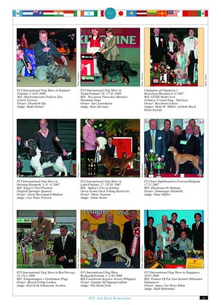 Photo: TExterri




                                                                                                            Photo: TExterri




                                                                                                                                                                                     Photo: Hanus
FCI International Dog Show in Kajaani/                             FCI International Dog Show in                                        Champion of Champion´s
Finland, 5.-6.01.2008                                              Turku/Finland, 26.-27.01.2008                                        Bratislava/Slovakia 8.12.2007
BIS: Hjortronmyrens Perfects Day                                   BIS: Riccarron Pinocchio (Bernese                                    BIS: GESSI Modry kvet
(Cairn Terrier)                                                    Mountain Dog)                                                        (Chinese Crested Dog - Hairless)
Owner: Elisabeth Oja                                               Owner: Sari Luotoharju                                               Owner: Brychtova Libuse
Judge: Rajko Rotner                                                Judge: Kari Järvinen                                                 Judges: Hans W. Müller, Lisbeth Mach,
                                                                                                                                        Denis Kuzelji
                                            Photo: TExterri




                                                                                                            Photo: TExterri




FCI International Dog Show in                                      FCI International Dog Show in                                        FCI Euro Sighthound in Courtrai/Belgium,
Herning/Denmark, 3.-4. 11.2007                                     Lahti/Finland, 27.-28.10. 2007                                       17.11.2007
BIS: Sieger's Pool Position                                        BIS: Siphra's Fire at Kitimat                                        BIS: Daydream Di Mahana
(English Springer Spaniel)                                         (Nova Scotia Duck Tolling Retriever)                                 Owner: Dominique Delabelle
Owner: Jessie Borregaard Madsen                                    Owner: Mirja Tuomine                                                 Judge: Hans Müller
Judge: Luis Pinto Teixeira                                         Judge: Johan Juslin
                                                                                                            Photo: Johan-Frick Meijer
                                            Photo: Lars Blomberg




FCI International Dog Show in Boe/Norway,                          FCI International Dog Show                                           FCI International Dog Show in Singapore,
23.-24.2.2008                                                      Reykjavík/Iceland, 1.-2.03.2008                                      20.01.2008
BIS: Tangentoppen’s Gentleman (Pug)                                BIS:Courtborne Keyzers Arwen (Whippet)                               BIS: Pioneer Of Far East Kennel (Miniature
Owner: Bjoern Erling Loeken                                        Owner: Gunnur Sif Sigurgeirsdóttir                                   Schnauzer)
Judge: Karl-Erik Johansson, Sweden.                                Judge: Nils Molin from                                               Owner: Agnes Tan Hwee Khim
                                                                                                                                        Judge: Rudi Hubenthal

                                                                         FCI. FOR DOGS WORLDWIDE.                                                                                  35
 