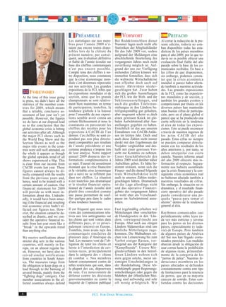 PRÉAMBULE                            VORWORT                           PREFACIO
                                     Les statistiques sur nos mem-        Bei Redaktionschluss dieser       Al cerrar la redacción de la pre-
                                     bres pour l’année 2009 n’é-          Nummer lagen noch nicht alle      sente edición, todavía no esta-
                                     taient pas encore toutes dispo-      Statistiken der Mitgliedsländer   ban disponibles todas las esta-
                                     nibles lors de la clôture du         für das Jahr 2009 vor, sodass     dísticas de los países miembros
                                     présent numéro; par consé-           aufgrund der Meldungen eine       para el año 2009, por lo que to-
                                     quent, une évaluation définitive     abschließende Beurteilung des     davía no es posible ofrecer una
                                     et fiable de l’année écoulée sur     vergangenen Jahres noch nicht     evaluación final fiable del año
                                     base des chiffres communiqués        zuverlässig möglich ist. Auf-     pasado sobre la base de los co-
                                     n’est pas encore possible.           grund der uns zur Verfügung       municados recibidos. En base a
                                     Compte tenu des chiffres à no-       stehenden Zahlen können wir       las cifras de que disponemos,
                                     tre disposition, nous constatons     immerhin feststellen, dass sich   sin embargo, podemos consta-
                                     que la crise économique mon-         die weltweite Wirtschaftskrise    tar que la crisis económica
                                     diale s’est désormais répercutée     nun offenbar doch auch auf        mundial sí parece haber afecta-
                                     sur nos activités. Les grandes       unsere Aktivitäten nieder-        do también a nuestras activida-
                                     expositions de la FCI, telles que    geschlagen hat. Zwar haben        des. Las grandes exposiciones
     FOREWORD                        les expositions mondiales et de      sich die großen Ausstellungen     de la FCI, como las exposicio-
At the time of this issue going      section, ainsi que les grands        der FCI, wie die Welt- und die    nes mundiales y de sección, y
to press, we didn’t have all the     championnats se sont relative-       Sektionsausstellungen, und        también los grandes eventos y
statistics of the member coun-       ment bien maintenus en terme         auch die großen Titelveran-       competiciones por títulos en los
tries for 2009, which means          de participation; toutefois, la      staltungen in den Ländern be-     diversos países han mantenido
that a reliable, conclusive as-      tendance globale à la hausse         teiligungsmäßig gut gehalten,     unas buenas cifras de participa-
sessment of last year isn’t yet      pour l’ensemble de nos exposi-       aber insgesamt scheint es doch    ción, pero en el plano global sí
possible. However, the figures       tions semble avoir connu un          einen gewissen Knick im glo-      parece que se ha producido una
we do have at our disposal lead      certain fléchissement et nous le     balen Aufwärtstrend aller Aus-    cierta inflexión en la tendencia
us to the conclusion that the        constatons en parcourant les         stellungen gegeben zu haben.      al alza de todas las exposi-
global economic crisis is hitting    chiffres des recettes pour les       Ersichtlich ist das aus unseren   ciones. Esto se puede reconocer
our activities after all. Although   expositons à CACIB de l’an           Einnahmen von CACIB-Anläs-        a través de nuestros ingresos de
the major FCI shows such as          dernier. Ces chiffres ne sont ce-    sen im letzten Jahr. Doch sind    los actos CACIB del año
the World Dog Show and the           pendant pas non plus directe-        auch diese Zahlen nicht immer     pasado. Estas cifras no siempre
Section Shows as well as the         ment comparables aux résultats       direkt mit den Ergebnissen der    se pueden comparar directa-
major title events in the coun-      de l’année précédente et une         Vorjahre vergleichbar und des-    mente con los resultados de los
tries were still well attended, on   certaine prudence s’impose lors      halb mit einer gewissen Vor-      años anteriores y, por tanto, se
the whole it appears as though       de leur analyse. Notre rapport       sicht zur Kenntnis zu nehmen.     deben interpretar con cierta
the global upwards trend of all      annuel 2009 donnera des in-          Unser Geschäftsbericht des        cautela. Nuestro informe anual
shows experienced a blip. This       formations complémentaires à         Jahres 2009 wird darüber näher    del año 2009 ofrecerá más in-
is clear from our income from        ce sujet. Il aurait été assurément   Aufschluss geben. Es hätte be-    formación al respecto. Segura-
CACIB events last year. These        étonnant que la crise financière     stimmt erstaunt, wenn sich die    mente nos hubiera asombrado
figures cannot always be di-         et la véritable crise économique     Finanz- und die darauf folgende   que la crisis financiera y la con-
rectly compared with the results     qui a suivi ne se reflètent pas      reale Wirtschaftskrise nicht      siguiente crisis económica real
from the previous years and,         dans nos chiffres. La situation      auch in unseren Zahlen nieder-    no hubieran afectado también a
hence, need to be treated with a     n’est toutefois pas dramatique       geschlagen hätten. Dramatisch     nuestros resultados de cifras.
certain amount of caution. Our       et le résultat financier opéra-      ist die Lage allerdings nicht     Sin embargo, la situación no es
financial statement for 2009         tionnel de l’année écoulée doit      und das operative Finanzer-       dramática, y el resultado finan-
will provide us with more in-        plutôt être considéré comme          gebnis des vergangenen Jahres     ciero operativo del año pasado
formation about this. Undoubt-       une pause permettant de souf-        ist wohl eher als Verschnauf-     puede considerarse una pe-
edly, it would have been amaz-       fler quelque peu dans le cadre       pause im Aufwärtstrend anzu-      queña “pausa para tomar el
ing if the financial and resulting   d’une tendance haussière.            sehen.                            aliento” dentro de la tendencia
real economic crisis hadn’t af-                                                                             general al alza.
fected our figures too. How-         Il est fréquent que nous rece-       Fast regelmäßig erhalten wir
ever, the situation cannot be de-    vions des communications rela-       Mitteilungen über verschärfen-    Recibimos comunicados casi
scribed as drastic, and we con-      tives aux lois astreignantes sur     de Hundegesetze in den Län-       periódicamente sobre leyes ca-
sider the operative financial re-    les chiens qui sont votées dans      dern, vorwiegend (noch) aus       da vez más estrictas y severas
sults from last year more like a     différents pays, et ce princi-       Europa. Aber auch aus einigen     para los perros en los diversos
“break” in the upwards trend         palement (encore) en Europe.         Ländern Südamerikas sind uns      países, especialmente (y toda-
than anything else.                  Toutefois, nous avons reçu des       ähnliche Mitteilungen zuge-       vía) de Europa. Pero también
                                     communiqués similaires de            kommen. Die Maßnahmen rei-        de algunos países de América
We receive notifications about       plusieurs pays d’Amérique du         chen von Leinenzwang bis zum      del Sur nos han llegado comu-
stricter dog acts in the various     Sud. Les mesures vont de l’ob-       Verbot einiger Rassen, vor-       nicados parecidos. Las medidas
countries, still mainly in Eu-       ligation de tenir les chiens en      wiegend aus der Kategorie der     abarcan desde la obligación de
rope, on an almost regular ba-       laisse à l’interdiction de cer-      "Kampfhunde". Unsere Mit-         usar correa hasta la prohibición
sis. However, we have also re-       taines races, principalement         gliedsverbände in den betrof-     de algunas razas, primordial-
ceived similar notifications         dans la catégorie des « chiens       fenen Ländern wehren sich         mente de la categoría de los
from countries in South Amer-        de combat ». Nos membres             stets gegen solche, meist un-     “perros de pelea”. Nuestras fe-
ica. The measures range from         luttent constamment contre de        sinnigen Einschränkungen in       deraciones miembros en los
the obligation to keep dogs on a     telles restrictions qui sont, dans   der Hundehaltung. Diese Ab-       países afectados se defienden
lead through to the banning of       la plupart des cas, dépourvues       wehrkämpfe gegen Regierungs-      constantemente contra este tipo
several breeds, mainly from the      de sens. Ces mouvements de           entscheidungen oder gegen die     de limitaciones para la tenencia
“fighting dogs” category. Our        défense contre les décisions         Mehrheit der öffentlichen Mei-    de perros, que en su mayoría
member associations in the af-       gouvernementales ou contre la        nung sind aufwendig und sehr      carecen de sentido. Estas con-
fected countries always defend       majorité de l’opinion publique       oft wenig erfolgreich. Wir        tiendas contra las decisiones


4                                                      FCI. FOR DOGS WORLDWIDE.
 