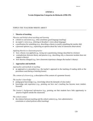 Anexos



                                             ANEXO A
                     Versão Original das Categorias de Richards (1998:159)




TOPICS THE TEACHERS WROTE ABOUT


1. Theories of teaching
Theories and beliefs about teaching and learning
• a belief or conviction (e.g., what constitutes good language teaching)
• an expert’s views (e.g., referring to Krashen’s views about language)
• a justification for something (e.g., describing a theory to justify something the teacher did)
• a personal opinion (e.g., expressing an opinion about the value of classroom observation)

Applying theories to classroom practice
• how a theory was applied (e.g., trying out a questioning strategy described in a lecture)
• contradictions between theory and practice (e.g., describing why a classroom incident does not
   support a theory)
• how theories changed (e.g., how classroom experience changes the teacher’s theory)

2. Approaches and methods
Approaches and methods in teaching
• an approach or a procedure (e.g., the teacher’s approach to the teaching of reading skills or the
   procedures used during a listening lesson)

The content of a lesson (e.g., a description of the content of a grammar lesson)

The teacher’s knowledge
• pedagogical knowledge (e.g., knowledge about the demands of class tasks)
• knowledge and experience (e.g., pointing out how one’s teaching has become more student-
   focused)

The learner’s background information (e.g., pointing out that students have little opportunity to
    practice English outside the classroom)

The school context
• the relation between teaching and the school context (e.g., how administrative
   constraints or school policies affect teaching)




                                                                                      128
 