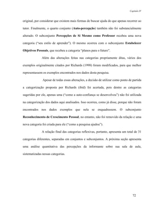 Capítulo IV



original, por considerar que existem mais formas de buscar ajuda do que apenas recorrer ao

tutor. Finalmente, o quarto conjunto (Auto-percepção) também não foi substancialmente

alterado. O subconjunto Percepções de Si Mesmo como Professor recebeu uma nova

categoria (“seu estilo de aprender”). O mesmo ocorreu com o subconjunto Estabelecer

Objetivos Pessoais, que recebeu a categoria “planos para o futuro”.

              Além das alterações feitas nas categorias propriamente ditas, vários dos

exemplos originalmente citados por Richards (1998) foram modificados, para que melhor

representassem os exemplos encontrados nos dados desta pesquisa.

               Apesar de todas essas alterações, a decisão de utilizar como ponto de partida

a categorização proposta por Richards (ibid) foi acertada, pois dentre as categorias

sugeridas por ele, apenas uma (“como a auto-confiança se desenvolveu”) não foi utilizada

na categorização dos dados aqui analisados. Isso ocorreu, como já disse, porque não foram

encontrados nos dados exemplos que nela se enquadrassem. O subconjunto

Reconhecimento de Crescimento Pessoal, no entanto, não foi removido da relação e uma

nova categoria foi criada para ele (“como a pesquisa ajudou”).

              A relação final das categorias reflexivas, portanto, apresenta um total de 31

categorias diferentes, separadas em conjuntos e subconjuntos. A próxima seção apresenta

uma análise quantitativa das percepções da informante sobre sua sala de aula,

sistematizadas nessas categorias.




                                                                                     72
 