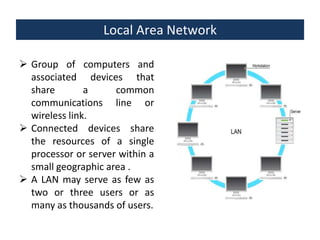 Local Area Network
 Group of computers and
associated devices that
share
a
common
communications line or
wireless link.
 Connected devices share
the resources of a single
processor or server within a
small geographic area .
 A LAN may serve as few as
two or three users or as
many as thousands of users.

 