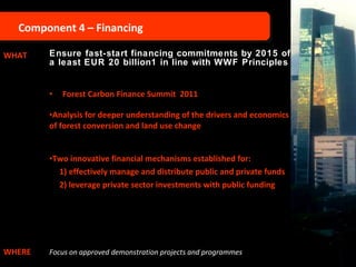Component 4 – Financing WHAT Ensure fast-start financing commitments by 2015 of a least EUR 20 billion1 in line with WWF Principles Forest Carbon Finance Summit  2011 Analysis for deeper understanding of the drivers and economics of forest conversion and land use change  Two innovative financial mechanisms established for: 1) effectively manage and distribute public and private funds  2) leverage private sector investments with public funding WHERE Focus on approved demonstration projects and programmes   