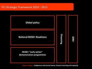 REDD+ “early action”  demonstration programmes Global policy National REDD+ Readiness Financing FCI Strategic Framework 2010 - 2013 MRV Cross cutting –  Indigenous and social issues, lessons learning and capacity 