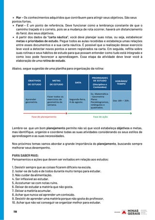 Mar – Os conhecimentos adquiridos que contribuem para atingir seus objetivos. São seus
Farol – É um ponto de referência. Deve funcionar como a lembrança constante de que o
caminho traçado é o correto, pois se a mudança de rota ocorrer, haverá um distanciamento
do farol, dos seus objetivos.
A partir dos dados da “carta náutica”, você deve planejar suas rotas, ou seja, estabelecer
metas e prioridades de estudo. Pegue todos as aulas recebidas e estabeleça umas relações
entre esses documentos e a sua carta náutica. É possível que a realização desse exercício
leve você a detectar novos pontos a serem registrados na carta. Em seguida, reflita sobre
suas rotinas e seus hábitos de estudo para que possam entender como tudo está integrado e
como isso pode favorecer a aprendizagem. Essa etapa da atividade deve levar você à
elaboração de uma rotina de estudo.
pontos fortes.
Abaixo, segue sugestão de uma planilha para organização da rotina:
Lembre-se  que um bom planejamento permite não só que você estabeleça objetivos e metas,
mas identifique, organize e coordene todas as suas atividades considerando os seus estilos de
aprendizagem e as suas necessidades.
Nos próximos temas vamos abordar a grande importância do planejamento, buscando sempre
melhorar seus desempenho.
PARA SABER MAIS:
Pensamentos e ações que devem ser evitados em relação aos estudos:
1. Desistir sempre que as coisas ficarem difíceis na escola.
2. Isolar-se de tudo e de todos durante muito tempo para estudar.
3. Não cuidar da alimentação.
4. Ser inflexível ao estudar.
5. Acostumar-se com notas ruins.
6. Deixar de estudar a matéria que não gosta.
7. Deixar a matéria acumular.
8. Achar que nunca vai aprender um conteúdo.
9. Desistir de aprender uma matéria porque não gosta do professor.
10. Achar que não vai conseguir se organizar melhor para estudar.
119
 