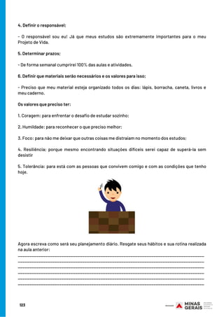 123
4. Definir o responsável;
- O responsável sou eu! Já que meus estudos são extremamente importantes para o meu
Projeto de Vida.
 
5. Determinar prazos;
- De forma semanal cumprirei 100% das aulas e atividades.
 
6. Definir que materiais serão necessários e os valores para isso;
- Preciso que meu material esteja organizado todos os dias: lápis, borracha, caneta, livros e
meu caderno.
 
Os valores que preciso ter:
1. Coragem: para enfrentar o desafio de estudar sozinho;
2. Humildade: para reconhecer o que preciso melhor;
3. Foco: para não me deixar que outras coisas me distraiam no momento dos estudos;
4. Resiliência; porque mesmo encontrando situações difíceis serei capaz de superá-la sem
desistir
5. Tolerância: para está com as pessoas que convivem comigo e com as condições que tenho
hoje.
Agora escreva como será seu planejamento diário. Resgate seus hábitos e sua rotina realizada
na aula anterior:
_________________________________________________________________________________
_________________________________________________________________________________
_________________________________________________________________________________
_________________________________________________________________________________
_________________________________________________________________________________
_________________________________________________________________________________
 