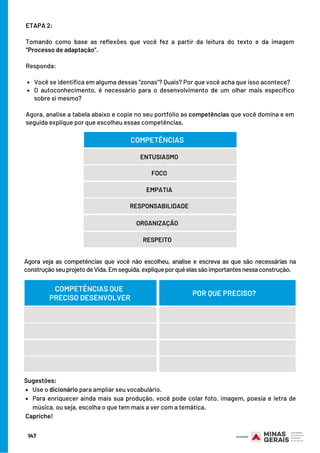 Você se identifica em alguma dessas “zonas”? Quais? Por que você acha que isso acontece?
O autoconhecimento, é necessário para o desenvolvimento de um olhar mais específico
sobre si mesmo?
ETAPA 2:
 
Tomando como base as reflexões que você fez a partir da leitura do texto e da imagem
“Processo de adaptação”.
 
Responda:
 
Agora, analise a tabela abaixo e copie no seu portfólio as competências que você domina e em
seguida explique por que escolheu essas competências.
Agora veja as competências que você não escolheu, analise e escreva as que são necessárias na
construçãoseuprojetodeVida.Emseguida,expliqueporquêelassãoimportantesnessaconstrução.
ENTUSIASMO
COMPETÊNCIAS
FOCO
EMPATIA
RESPONSABILIDADE
ORGANIZAÇÃO
RESPEITO
COMPETÊNCIAS QUE
PRECISO DESENVOLVER
POR QUE PRECISO?
Use o dicionário para ampliar seu vocabulário.
Para enriquecer ainda mais sua produção, você pode colar foto, imagem, poesia e letra de
música, ou seja, escolha o que tem mais a ver com a temática.
Sugestões:
 Capriche!
147
 