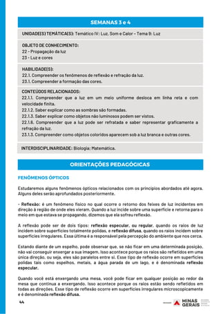 44
UNIDADE(S) TEMÁTICA(S): Temático IV: Luz, Som e Calor – Tema 9: Luz
OBJETO DE CONHECIMENTO:
22 - Propagação da luz
23 - Luz e cores
HABILIDADE(S):
22.1. Compreender os fenômenos de reflexão e refração da luz.
23.1. Compreender a formação das cores.
CONTEÚDOS RELACIONADOS: 
22.1.1. Compreender que a luz em um meio uniforme desloca em linha reta e com
velocidade finita.
22.1.2. Saber explicar como as sombras são formadas.
22.1.3. Saber explicar como objetos não luminosos podem ser vistos.
22.1.6. Compreender que a luz pode ser refratada e saber representar graficamente a
refração da luz.
23.1.3. Compreender como objetos coloridos aparecem sob a luz branca e outras cores.
SEMANAS 3 e 4
INTERDISCIPLINARIDADE: Biologia; Matemática.
FENÔMENOS ÓPTICOS
Estudaremos alguns fenômenos ópticos relacionados com os princípios abordados até agora.
Alguns deles serão aprofundados posteriormente.
- Reflexão: é um fenômeno físico no qual ocorre o retorno dos feixes de luz incidentes em
direção à região de onde eles vieram. Quando a luz incide sobre uma superfície e retorna para o
meio em que estava se propagando, dizemos que ela sofreu reflexão.
A reflexão pode ser de dois tipos:  reflexão especular, ou regular, quando os raios de luz
incidem sobre superfícies totalmente polidas, e reflexão difusa, quando os raios incidem sobre
superfícies irregulares. Essa última é a responsável pela percepção do ambiente que nos cerca.
Estando diante de um espelho, pode observar que, se não ficar em uma determinada posição,
não vai conseguir enxergar a sua imagem. Isso acontece porque os raios são refletidos em uma
única direção, ou seja, eles são paralelos entre si. Esse tipo de reflexão ocorre em superfícies
polidas tais como espelhos, metais, a água parada de um lago, e é denominada  reflexão
especular.
Quando você está enxergando uma mesa, você pode ficar em qualquer posição ao redor da
mesa que continua a enxergando. Isso acontece porque os raios estão sendo refletidos em
todas as direções. Esse tipo de reflexão ocorre em superfícies irregulares microscopicamente
e é denominada reflexão difusa.
ORIENTAÇÕES PEDAGÓGICAS
 