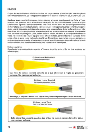 ECLIPSES
Eclipse é o escurecimento parcial ou total de um corpo celeste, provocado pela interposição de
um outro corpo celeste. Da Terra podemos observar os eclipses solares, do Sol, e lunares, da Lua.
O eclipse solar é um fenômeno que ocorre quando a Lua se posiciona entre o Sol e a Terra,
fazendo com que essa perca a iluminação dada pelo Sol. Ao contrário desse, ocorre a eclipse
lunar quando o planeta se coloca em linha reta sobre o Sol e a Lua. Os eclipses podem ocorrer
de forma total quando toda a luz solar é bloqueada, de forma parcial quando somente uma parte
da luz solar é bloqueada, e ainda anelar, quando uma pequena faixa de luz se faz visível ao redor
do eclipse. Ao ocorrer um eclipse independente de ser solar ou lunar não se deve olhar para tal
com os olhos desprotegidos, pois podem ocorrer lesões na retina e o comprometimento da
visão. Na escuridão do eclipse a pupila tende a ficar dilatada, permitindo maior captação de luz
pelos olhos, o que o torna mais vulnerável à luz. Diferente do que muitas pessoas pensam, os
óculos escuros comuns não oferecem proteção para os olhos quando esses são submetidos ao
sol diretamente, não podendo ser usados para a observação de eclipses.
Eclipses Lunares
Os eclipses lunares acontecem quando a Terra se encontra entre o Sol e a Lua, podendo ser
três subtipos:
48
Este tipo de eclipse ocorrerá somente se a Lua atravessar a região da penumbra
terrestre. Não é perceptível a olho nu.
Este último tipo ocorrerá quando a Lua entrar no cone de sombra terrestre, como
representado na figura.
Nesse tipo, a trajetória da Lua será tal que uma parte dela passará pela umbra terrestre.
 