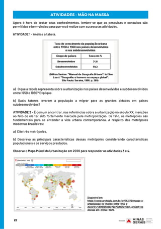 a)  O que a tabela representa sobre a urbanização nos países desenvolvidos e subdesenvolvidos
entre 1950 e 1960? Explique.
b) Quais fatores levaram a população a migrar para as grandes cidades em países
subdesenvolvidos?
ATIVIDADE 2 - É comum encontrar, nas referências sobre a urbanização no século XX, menções
ao fato de ela ter sido fortemente marcada pela metropolização. De fato, as metrópoles são
fundamentais para se entender a vida urbana contemporânea. A respeito das metrópoles
modernas brasileiras:
a)  Cite três metrópoles.
b) Descreva as principais características dessas metrópoles considerando características
populacionais e os serviços prestados.
Observe o Mapa Múndi da Urbanização em 2020 para responder as atividades 3 e 4.
Agora é hora de testar seus conhecimentos, lembre-se que as pesquisas e consultas são
permitidas e bem-vindas para que você realize com sucesso as atividades.
 
ATIVIDADE 1 - Analise a tabela.
67
ATIVIDADES – MÃO NA MASSA
Disponível em:
https://www.archdaily.com.br/br/763172/mapas-a-
urbanizacao-no-mundo-entre-1950-e-
2030/54f48091e58ece7907000012?next_project=no
Acesso em: 31 mar. 2020.
 