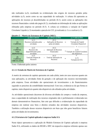 não realizados (a.2), resultando na evidenciação das origens de recursos gerados pelas
atividades (a.3), assim como na sua capacidade de realização. A coluna (b) apresenta as
aplicações de recursos já desembolsadas no período (b.1); assim como as aplicações dos
recursos financiados e ainda não pagos (b 2.), resultando na informação de todas as aplicações
efetuadas pela empresa no período (b.3). A coluna (c) evidencia a variação do Capital
Circulante Líquido (c.3) mostrando a parcela do CCL já realizado (c.1) e a realizar (c.2).
Quadro 2 – Matriz de Estrutura de Capitais (MEC)
(a) RECURSOS (b) APLICAÇÕES (c) VARIAÇÕES
(1)
CAPITAL
(a.1)
Recursos realizados pelas
atividades
(b.1)
Aplicações de Recursos
pelas atividades
(c.1)
Variação do Capital
Circulante Disponível
(2)
CAPITAL
NÃO
DISPONÍVEL
(a.2)
Recursos não
disponibilizados pelas
atividades
(b.2)
Aplicação de Recursos
Financiados
(c.2)
Variação do Capital Circulante
não disponível
(3)
CAPITAL
CIRCULANTE
(a.3)
Total das Origens de
Recursos
(b.3)
Total de Aplicações de
Recursos
(c.3)
Variação do CCL
Fonte: Elaborado pelos autores
4.1.1.1 Estudo da Matriz de Estrutura de Capitais
A matriz de estrutura de capitais apresenta em cada célula, tanto em seus recursos quanto em
suas aplicações, as atividades fonte de geração e de aplicação dos recursos movimentados
pela empresa. Essas atividades são operacionais de investimentos e de financiamentos
seguindo os preceitos da contabilidade internacional. Com isso, evidencia-se de que forma os
capitais, tanto disponíveis quanto não-disponíveis são afetados pelas atividades.
As atividades operacionais decorrem de diversas atividades de compra e venda da empresa,
mas a capacidade de realização dos recursos originados não é perfeitamente evidenciada nos
demais demonstrativos financeiros, fato este que dificulta a evidenciação da capacidade da
empresa em realizar seus bens e direitos oriundos das atividades recursos disponíveis.
Também a utilização desses recursos disponíveis em bens que irão gerar benefícios futuros
pelas atividades de investimentos.
4.1.2 Estrutura de Capital aplicada à empresa Sadia S/A
Neste tópico apresenta-se a aplicação do Modelo Estrutura de Capitais aplicado à empresa
Sadia S/A, utilizando os dados da DOAR e DFC da respectiva empresa referente apenas aos
- =
+
-
-
=
=
=
 