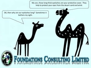 OK, then why are our eyelashes long? Sometimes it
bothers my sight.
My son, those long thick eyelashes are your protective cover. They
help to protect your eyes from the desert sand and wind.