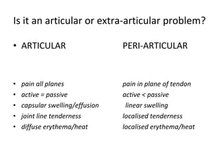 Is it an articular or extra-articular problem? ARTICULAR PERI-ARTICULAR pain all planes pain in plane of tendon active = passive active < passive capsular swelling/effusion    linear swelling joint line tenderness  localised tenderness diffuse erythema/heat localised erythema/heat 