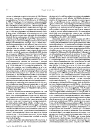 104                                                         Shana L. Garmatz et al.



rem que os ovinos são os portadores do vírus da FCM-OA e que             cia de que as lesões da FCM resultam de um distúrbio imunológico
excretam e transmitem o vírus para outras espécies, como, por            induzido pelo vírus (Liggitt & DeMartini 1980a) e não da ação
exemplo, bovinos (Pierson et al. 1973, Selman et al. 1974, Reid et       citolítica direta do vírus. A lesão epitelial em vários órgãos é
al. 1989). É proposto que a transmissão ocorra na época da parição       outra característica da doença e ocorre com infiltração do
das ovelhas à semelhança do que ocorre na transmissão do AlHV-           epitélio por linfócitos lembrando hipersensibilidade de contato
1 na FCM-GA (Rossiter 1983). No entanto, a determinação do DNA           e reação enxerto versus hospedeiro (Liggitt & DeMartini 1980b).
vírico por PCR na secreção nasal e nos leucócitos do sangue peri-        Sugere-se que os eventos principais na patogenia da FCM são a
férico (LSP) de ovinos (Li et al. 2001b) sugere que cordeiros recém-     infecção viral e a desregulação de uma população de linfócitos.
nascidos não são fontes importantes para a transmissão de OvHV-          A perda da atividade linfócitos supressores facilitaria a prolifera-
2. Nesse estudo, o DNA do vírus só foi detectado aos três meses          ção linfóide observada na doença, enquanto que a atividade
(nos LSP) e aos cinco meses na secreção nasal. Além disso, a trans-      descontrolada de células NK seria responsável pela destruição
missão da doença por inoculação de tecidos de ovinos contami-            tecidual (Barnard et al.1994, Smith 2002).
nados não foi ainda realizada (Plowright 1990). Há consideráveis             Foi concluído que dos cinco bezerros inoculados com 500 ml
evidências que bovinos com FCM aguda raramente transmitem a              de sangue de um bovino, apenas três deles (E1-E3) desenvolveram
infecção para outros bovinos (Plowright 1990) e o mesmo prova-           a doença (60%). A conclusão foi baseada principalmente nos acha-
velmente seja verdade para o caso de bovinos portadores recupe-          dos histopatológicos e na demonstração de seqüência do DNA
rados (O’Toole et al. 1997), mas há algumas considerações que            viral de OvHV-2 nesses três bezerros. Febre e opacidade de córnea
podem ser feitas para explicar a manutenção da doença na Propri-         foram os sinais comuns aos três bezerros experimentais (E1-E3) e
edade A por quase uma década e o aparecimento da doença onde             distúrbios nervosos ocorreram em dois (E1 e E2). O tempo de
não existe o contato de bovinos com ovinos (Smith 2002). Bovinos         incubação foi 15 (Bovinos E2 e E3) e 27 dias (Bov. E1). Esse perío-
que se recuperam de FCM permanecem cronicamente afetados e               do de incubação se aproxima mais do que é descrito para a FCM-
persistentemente infectados por OvHV-2 (Baxter et al. 1993,              GA do que para a FCM-OA. Períodos de incubação em casos expe-
O’Toole et al. 1997). Isso sugere a possibilidade de que esses ani-      rimentais da forma africana têm sido relatados como sendo de 11-
mais possam ser fonte da infecção horizontal ou vertical para            63 dias (Plowright 1968), 14-46 dias e 7-18 dias (Plowright 1990).
outros membros do rebanho. Por outro lado, a infecção                    Para transmissão experimental da FCM-OA são relatados períodos
transplacentária de FCM já foi demonstrada em bovinos (Plowright         de incubação de 20-36 dias (Selman et al. 1974), 19-73 dias (Liggitt
et al. 1972, O’Toole et al. 1997) e bisões (Schultheiss et al. 1998).    et al. 1978) e 15-49 dias (Pierson et al. 1974). Os dados para o
Embora não se saiba se esses fetos iriam adoecer ou se tornar            período de incubação da FCM experimental variam com os tipos e
portadores, essa poderia ser uma explicação hipotética para a            a quantidade de material inoculado e provavelmente com outros
manutenção do vírus em determinadas propriedades por longos              fatores de susceptibilidade desconhecidos (Plowright 1990). É
períodos. Uma indicação para isso é que num surto de FCM-OA              relatado que para a FCM-GA, o período de incubação é mais longo
ocorrido na Grã-Bretanha, bezerros nascidos de vacas afetadas            do que o da FCM-OA; a duração do curso clínico seria o inverso
ou assintomáticas, mas PCR positivas para OvHV-2, desenvolve-            (Pierson et al. 1974). Para os bezerros deste estudo afetados expe-
ram FCM vários meses após o nascimento (Otter et al. 2002). Isso         rimentalmente, o curso clínico durou 4, 3 e 10 dias, respectiva-
foi interpretado pelos autores como uma predisposição genética,          mente para os Bovinos E2, E1 e E3. Provavelmente, a doença foi
mas poder-se-ia argumentar que se tratavam de bezerros nasci-            mais aguda nos Bovinos E1 e E2 devido aos sinais de distúrbios
dos infectados e que algum fator desencadeante (por ex., estresse)       nervosos. Na transmissão experimental FCM-OA é descrito uma
tenha provocado o recrudescimento da doença como já foi des-             vez manifestados os sinais clínicos, a morte ou eutanásia in extremis
crito para cervídeos (Heuschele et al. 1985) e bovinos (Rweyemamu        ocorria em, no máximo cinco dias (Liggitt et al. 1978). As razões
et al. 1976, Tham 1997).                                                 pelas quais os Bovinos E4 e E5 foram considerados negativos são
     Vasculite disseminada, um achado patognomônico da FCM               as que se seguem. Ambos foram negativos na avaliação por PCR,
(Barker et al. 1993, Barnard et al. 1994) caracterizou invariavel-       embora em nossos casos isso não tenha sido considerado um
mente todos os casos espontâneos e experimentais neste estu-             critério definitivo pelas razões explicadas acima. O Bovino E4 apre-
do. A magnitude do infiltrado celular linfóide na adventícia teve        sentou uma enfermidade caracterizada por corrimento ocular e
relação direta com a intensidade das lesões na camada média              diarréia após um período de incubação de 17 dias, o que, clinica-
dos vasos e essas eram invariavelmente acompanhadas de le-               mente, seria consistente com FCM. No entanto, não foram encon-
sões inflamatórias na adventícia. Achados semelhantes já havi-           tradas as lesões histológicas vasculares típicas de FCM. A suspeita
am sido relatados para a FCM de bovinos (Liggitt & DeMartini             de diarréia viral bovina nesse caso não pôde ser confirmada pela
1980a). Lesões de vasculite foram observadas na rete mirabile            imunoistoquímica. O Bovino E5 apresentou uma doença leve e se
carotídea de todos os bovinos que apresentaram quadro clínico            recuperou tendo sido sacrificado 14 semanas após a inoculação.
neurológico neste estudo. Esse é um achado importante que                Casos de recuperação não são incomuns na FCM-OA em bovinos
permite a diferenciação da FCM de outras doenças do sistema              e há casos de doença leve seguida de recuperação completa, recu-
nervoso central e é recomendável que sempre se colete, junto             peração com recrudescimento da doença e casos crônicos de
com o encéfalo, esse complexo vascular associado ao gânglio              FCM (O’Toole et al. 1995, 1997). Embora não se possa afastar
trigeminal e à hipófise.                                                 definitivamente a hipótese de que o Bovino E5 constitui um desses
     A patogenia da FCM não está completamente esclarecida. A            casos de recuperação de FCM, isso é pouco provável porque esse
vasculite característica tem sido interpretada como uma evidên-          animal não apresentou curso clínico compatível com FCM, foi

Pesq. Vet. Bras. 24(2):93-106, abr./jun. 2004
 