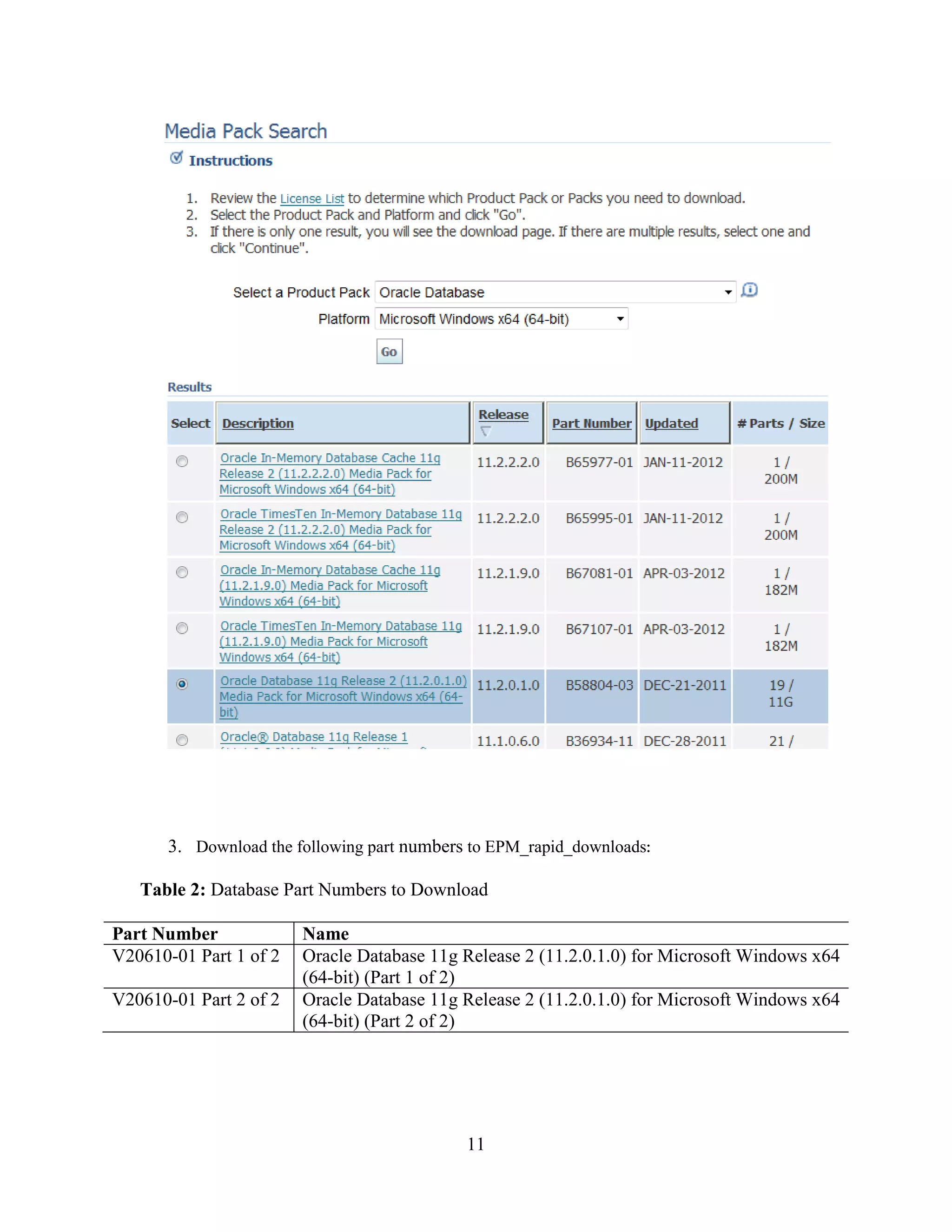11
3. Download the following part numbers to EPM_rapid_downloads
Table 2: Database Part Numbers to Download
Part Number Name
V20610-01 Part 1 of 2 Oracle Database 11g Release 2 (11.2.0.1.0) for Microsoft Windows x64
(64-bit) (Part 1 of 2)
V20610-01 Part 2 of 2 Oracle Database 11g Release 2 (11.2.0.1.0) for Microsoft Windows x64
(64-bit) (Part 2 of 2)
 
