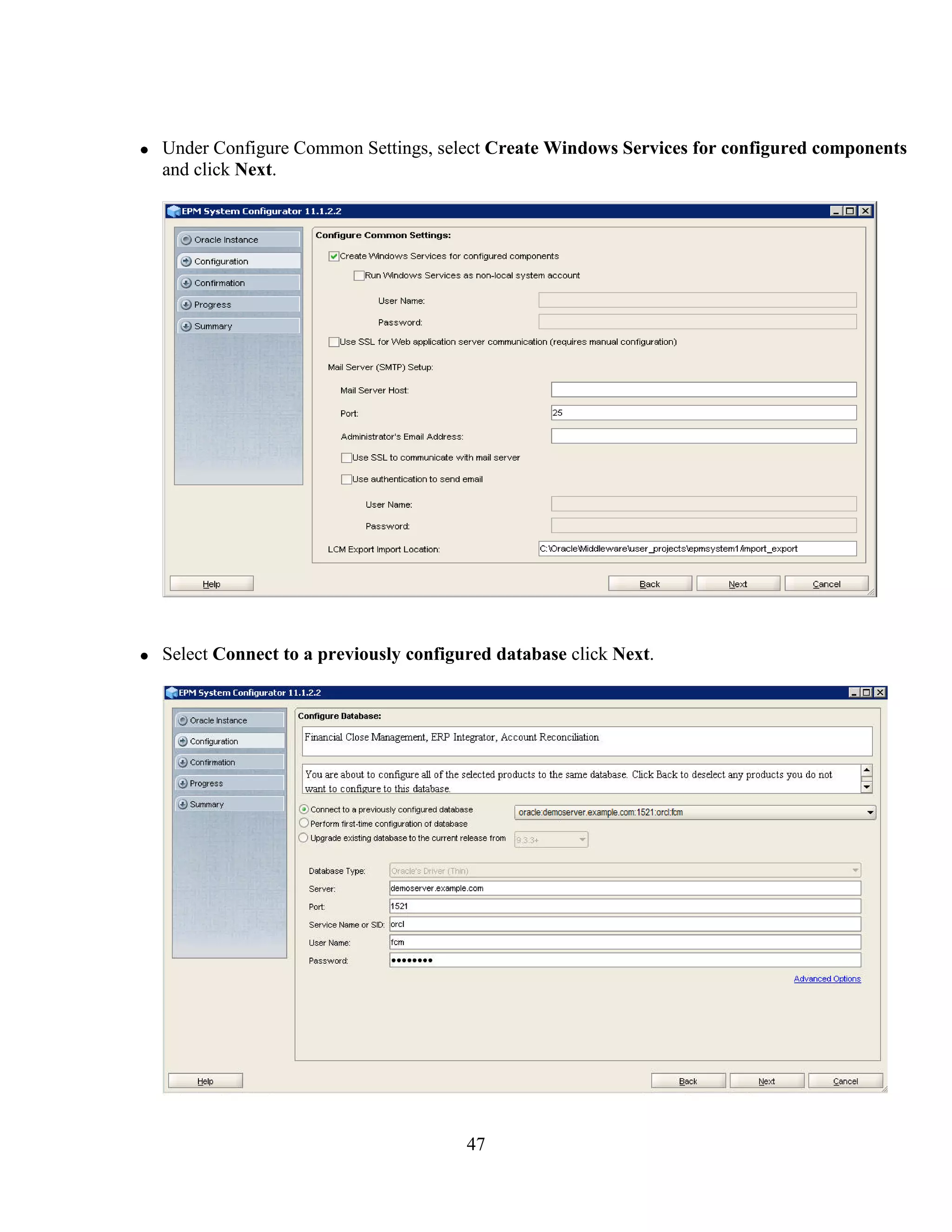 47
Under Configure Common Settings, select Create Windows Services for configured components
and click Next.
Select Connect to a previously configured database click Next.
 