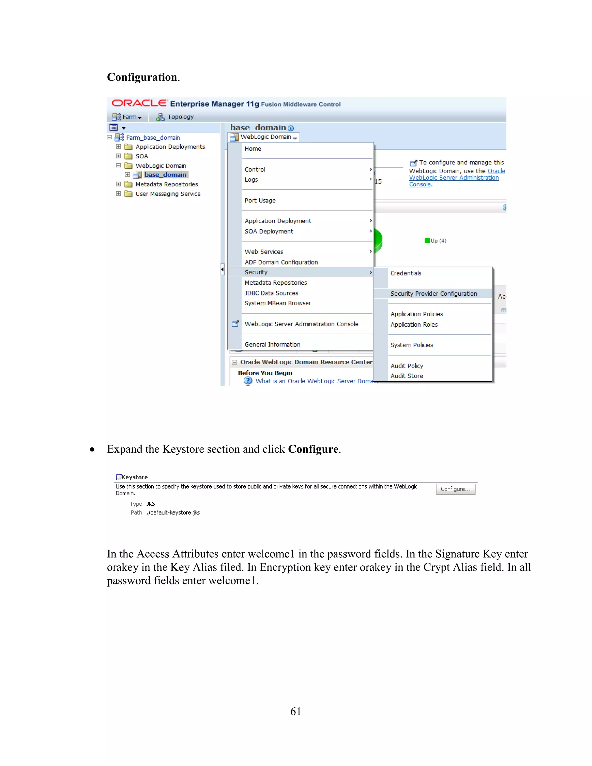 61
Configuration.
Expand the Keystore section and click Configure.
In the Access Attributes enter welcome1 in the password fields. In the Signature Key enter
orakey in the Key Alias filed. In Encryption key enter orakey in the Crypt Alias field. In all
password fields enter welcome1.
 
