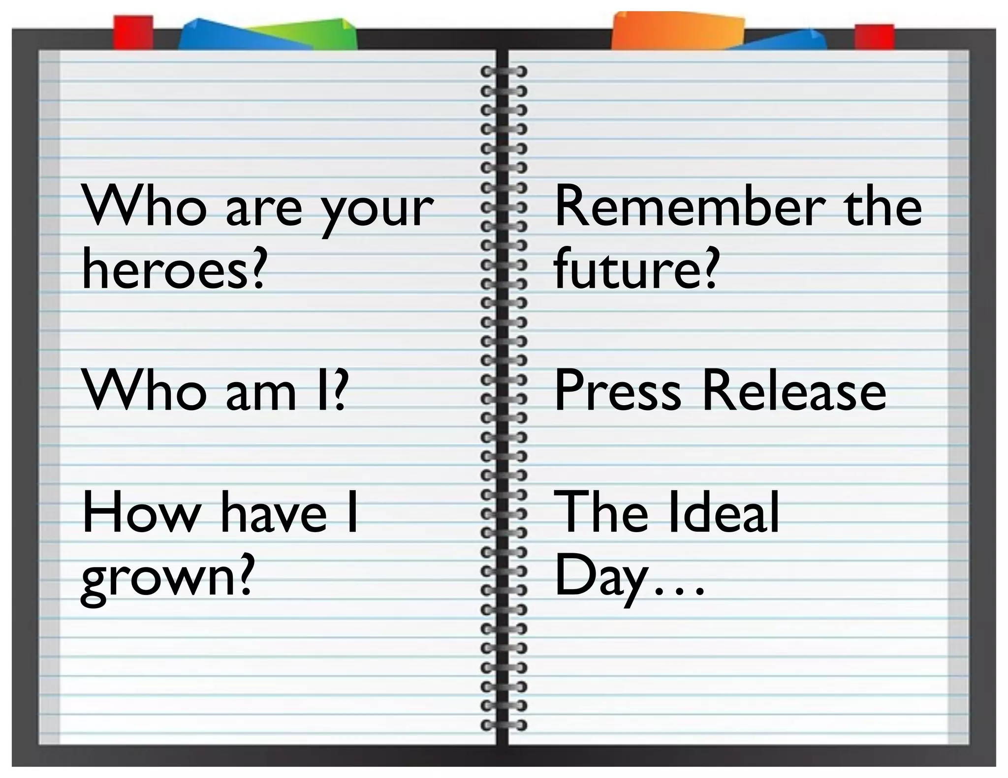 Remember the
future?
Press Release
The Ideal
Day…
Who are your
heroes?
Who am I?
How have I
grown?
 