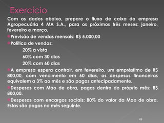 Com os dados abaixo, prepare o fluxo de caixa da empresa Agropecuária 4 MA S.A., para os próximos três meses: janeiro, fevereiro e março. Previsão de vendas mensais: R$ 5.000,00 Política de vendas:  20% a vista 60% com 30 dias 20% com 60 dias A empresa espera contrair, em fevereiro, um empréstimo de R$ 800,00, com vencimento em 60 dias, as despesas financeiras equivalem a 3% ao mês e são pagas antecipadamente. Despesas com Mao de obra, pagas dentro do próprio mês: R$ 800,00. Despesas com encargos sociais: 80% do valor da Mao de obra. Estas são pagas no mês seguinte. 