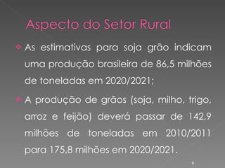 As estimativas para soja grão indicam uma produção brasileira de 86,5 milhões de toneladas em 2020/2021; A produção de grãos (soja, milho, trigo, arroz e feijão) deverá passar de 142,9 milhões de toneladas em 2010/2011 para 175,8 milhões em 2020/2021. 