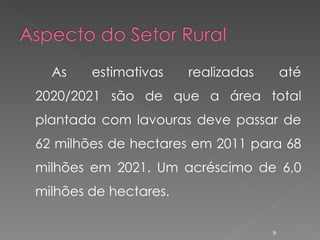 As estimativas realizadas até 2020/2021 são de que a área total plantada com lavouras deve passar de 62 milhões de hectares em 2011 para 68 milhões em 2021. Um acréscimo de 6,0 milhões de hectares. 