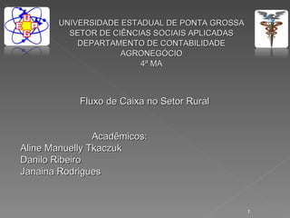 Fluxo de Caixa no Setor Rural   Acadêmicos: Aline Manuelly Tkaczuk Danilo Ribeiro Janaina Rodrigues UNIVERSIDADE ESTADUAL DE PONTA GROSSA SETOR DE CIÊNCIAS SOCIAIS APLICADAS DEPARTAMENTO DE CONTABILIDADE AGRONEGÓCIO 4ª MA 