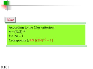 8.101
According to the Clos criterion:
n = (N/2)1/2
k > 2n – 1
Crosspoints ≥ 4N [(2N)1/2 – 1]
Note
 