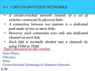 8.39
8-1 CIRCUIT-SWITCHED NETWORKS
• A circuit-switched network consists of a set of
switches connected by physical links.
• A connection between two stations is a dedicated
path made of one or more links.
• However, each connection uses only one dedicated
channel on each link.
• Each link is normally divided into n channels by
using FDM or TDM.
Three Phases
Efficiency
Delay
Circuit-Switched Technology in Telephone Networks
Topics discussed in this section:
 