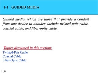 1.4
1-1 GUIDED MEDIA
Guided media, which are those that provide a conduit
from one device to another, include twisted-pair cable,
coaxial cable, and fiber-optic cable.
Twisted-Pair Cable
Coaxial Cable
Fiber-Optic Cable
Topics discussed in this section:
 