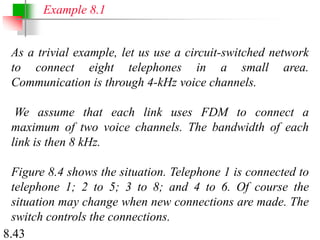 8.43
As a trivial example, let us use a circuit-switched network
to connect eight telephones in a small area.
Communication is through 4-kHz voice channels.
We assume that each link uses FDM to connect a
maximum of two voice channels. The bandwidth of each
link is then 8 kHz.
Figure 8.4 shows the situation. Telephone 1 is connected to
telephone 1; 2 to 5; 3 to 8; and 4 to 6. Of course the
situation may change when new connections are made. The
switch controls the connections.
Example 8.1
 