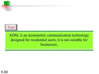 9.80
ADSL is an asymmetric communication technology
designed for residential users; it is not suitable for
businesses.
Note
 