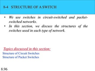8.96
8-4 STRUCTURE OF A SWITCH
• We use switches in circuit-switched and packet-
switched networks.
• In this section, we discuss the structures of the
switches used in each type of network.
Structure of Circuit Switches
Structure of Packet Switches
Topics discussed in this section:
 