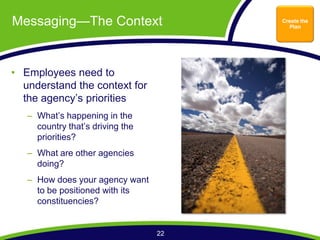 Messaging        The Context        Create the
                                      Plan




 Employees need to
 understand the context for



   priorities?
   What are other agencies
   doing?
   How does your agency want
   to be positioned with its
   constituencies?


                               22
 