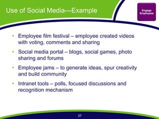 Use of Social Media      Example                       Engage
                                                      Employees




   Employee film festival employee created videos
   with voting, comments and sharing
   Social media portal   blogs, social games, photo
   sharing and forums
   Employee jams to generate ideas, spur creativity
   and build community
   Intranet tools polls, focused discussions and
   recognition mechanism



                            37
 