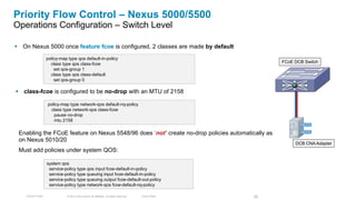 Priority Flow Control – Nexus 5000/5500
Operations Configuration – Switch Level

 On Nexus 5000 once feature fcoe is configured, 2 classes are made by default
                   policy-map type qos default-in-policy
                     class type qos class-fcoe                                                              FCoE DCB Switch
                       set qos-group 1
                     class type qos class-default
                       set qos-group 0

  class-fcoe is configured to be no-drop with an MTU of 2158

                   policy-map type network-qos default-nq-policy
                     class type network-qos class-fcoe
                      pause no-drop
                      mtu 2158

 Enabling the FCoE feature on Nexus 5548/96 does ‗not’ create no-drop policies automatically as
  on Nexus 5010/20
                                                                                                                 DCB CNA Adapter
 Must add policies under system QOS:

                   system qos
                    service-policy type qos input fcoe-default-in-policy
                    service-policy type queuing input fcoe-default-in-policy
                    service-policy type queuing output fcoe-default-out-policy
                    service-policy type network-qos fcoe-default-nq-policy

     TECDCT-2001             © 2012 Cisco and/or its affiliates. All rights reserved.   Cisco Public   55
 