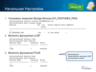 Начальная Настройка 
Nexus 5K 
1. Установить лицензию Storage Services (FC_FEATURES_PKG) 
n5k-A(config)# install license LICENSEFILE.lic! 
n5k-A(config)# show license usage! 
Feature Ins Lic Status Expiry Date Comments! 
2. Включить функционал LLDP 
3. Включить функционал FCoE 
34 
Count! 
--------------------------------------------------------------------------------! 
...! 
FC_FEATURES_PKG Yes - In use Never -! 
n5k-A(config)# feature lldp! 
n5k-A(config)# show feature! 
Feature Name Instance State ! 
-------------------- -------- --------! 
...! 
lldp 1 enabled ! 
! 
n5k-A(config)# feature fcoe! 
n5k-A(config)# show feature! 
Feature Name Instance State ! 
-------------------- -------- --------! 
...! 
fcoe 1 enabled ! 
! 
Рекомендация: 
Также включить функцию LACP 
для агрегации линков 
 