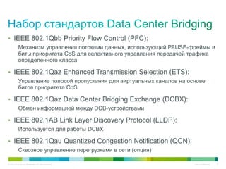 © 2013 Cisco and/or its affiliates. All rights reserved. Cisco Confidential 6
• IEEE 802.1Qbb Priority Flow Control (PFC):
Механизм управления потоками данных, использующий PAUSE-фреймы и
биты приоритета CoS для селективного управления передачей трафика
определенного класса
• IEEE 802.1Qaz Enhanced Transmission Selection (ETS):
Управление полосой пропускания для виртуальных каналов на основе
битов приоритета CoS
• IEEE 802.1Qaz Data Center Bridging Exchange (DCBX):
Обмен информацией между DCB-устройствами
• IEEE 802.1AB Link Layer Discovery Protocol (LLDP):
Используется для работы DCBX
• IEEE 802.1Qau Quantized Congestion Notification (QCN):
Сквозное управление перегрузками в сети (опция)
 