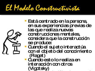 Está centrado en la persona, en sus experiencias previas de las que realiza nuevas construcciones mentales, considera que la construcción se produce:  Cuando el sujeto interactúa con el objeto del conocimiento  (Piaget) Cuando esto lo realiza en interacción con otros  (Vigotsky)  Cuando es significativo para el sujeto (Ausubel) 