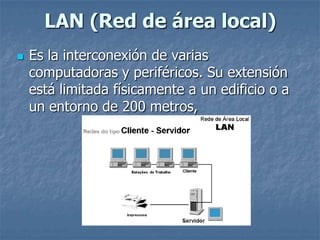 LAN (Red de área local)
   Es la interconexión de varias
    computadoras y periféricos. Su extensión
    está limitada físicamente a un edificio o a
    un entorno de 200 metros,
 