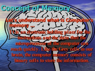 Concept of Memory Let’s understand what is Computer’s memory ... It is an electronic holding place for the instructions and the data that the microprocessor of the computer can reach quickly. Like the Grey cells in our brain, the computer memory consists of binary cells to store the information. 