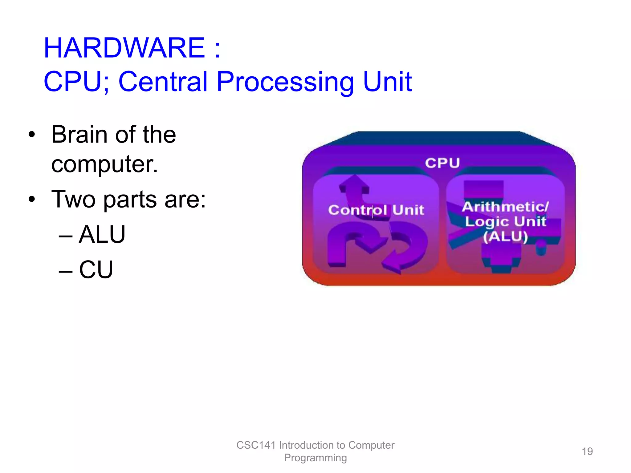 HARDWARE :
CPU; Central Processing Unit
• Brain of the
computer.
• Two parts are:
– ALU
– CU

CSC141 Introduction to Computer
Programming

19

 