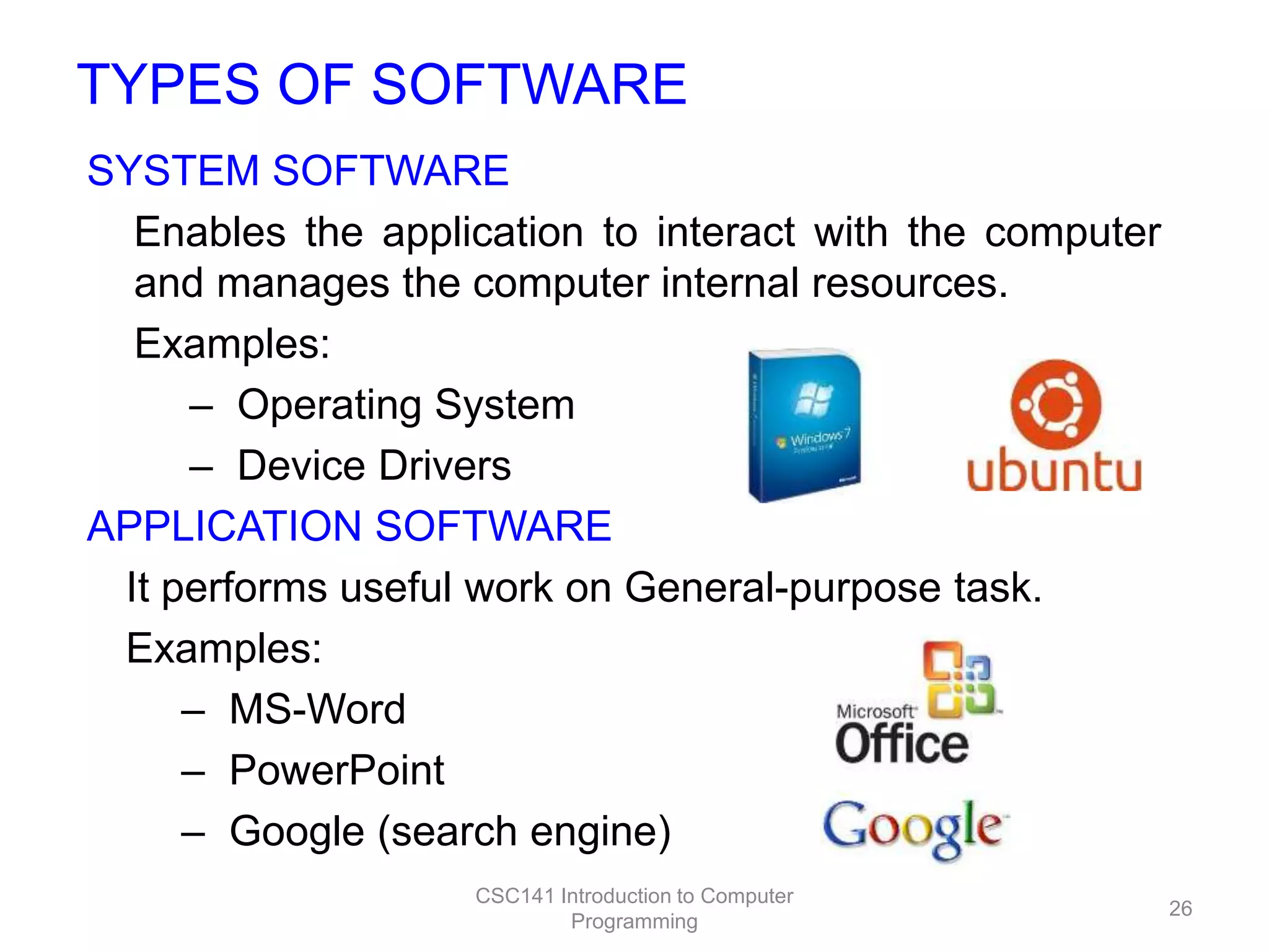 TYPES OF SOFTWARE
SYSTEM SOFTWARE
Enables the application to interact with the computer
and manages the computer internal resources.
Examples:
– Operating System
– Device Drivers
APPLICATION SOFTWARE
It performs useful work on General-purpose task.
Examples:
– MS-Word
– PowerPoint
– Google (search engine)
CSC141 Introduction to Computer
Programming

26

 