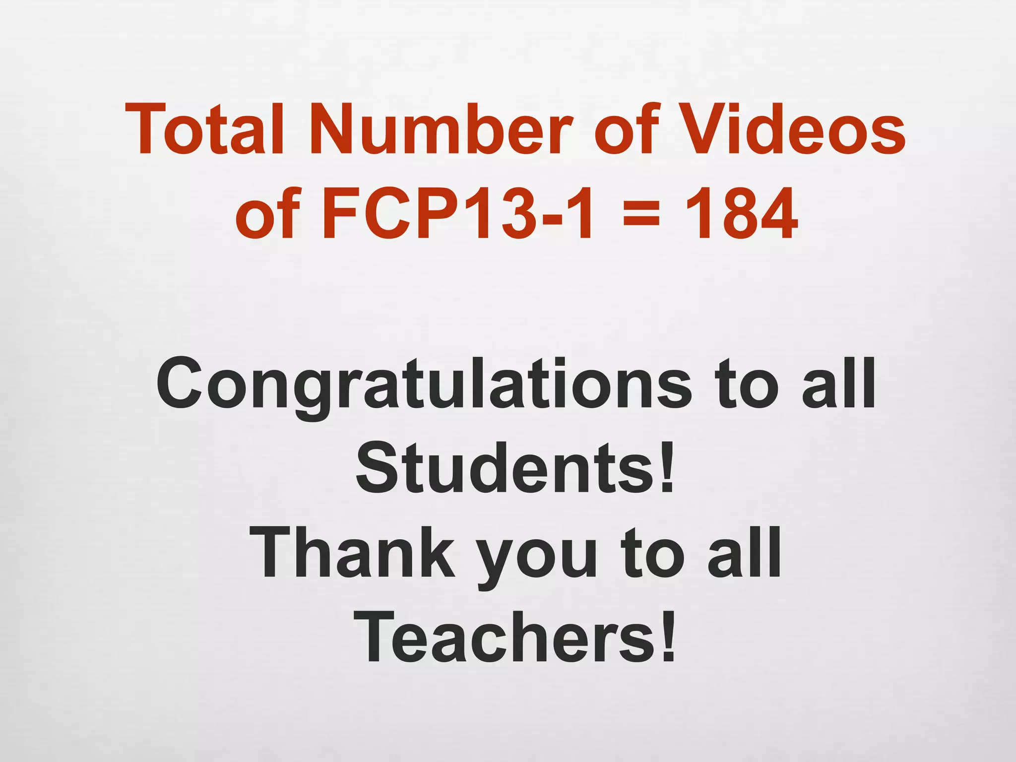 Total Number of Videos
of FCP13-1 = 184
Congratulations to all
Students!
Thank you to all
Teachers!
 