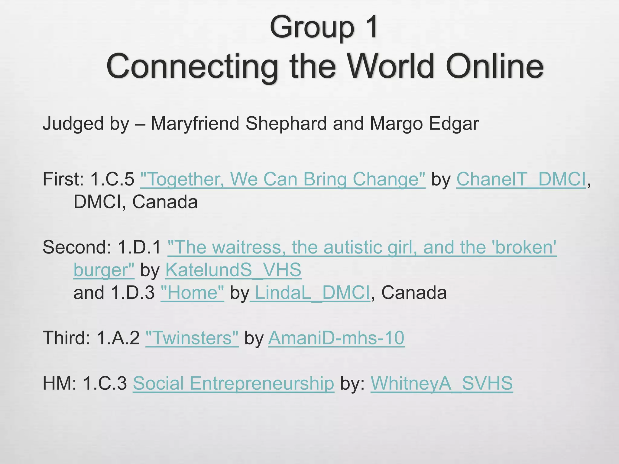 Group 1
Connecting the World Online
Judged by – Maryfriend Shephard and Margo Edgar
First: 1.C.5 "Together, We Can Bring Change" by ChanelT_DMCI,
DMCI, Canada
Second: 1.D.1 "The waitress, the autistic girl, and the 'broken'
burger" by KatelundS_VHS
and 1.D.3 "Home" by LindaL_DMCI, Canada
Third: 1.A.2 "Twinsters" by AmaniD-mhs-10
HM: 1.C.3 Social Entrepreneurship by: WhitneyA_SVHS
 