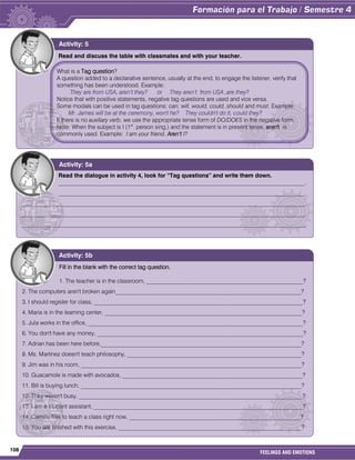 108
FEELINGS AND EMOTIONS
Read and discuss the table with classmates and with your teacher.
Activity: 5
Read the dialogue in activity 4, look for “Tag questions” and write them down.
_____________________________________________________________________________________.
_____________________________________________________________________________________.
__________________________________________________________________________________________________.
__________________________________________________________________________________________________.
__________________________________________________________________________________________________.
Activity: 5a
What is a Tag question?
A question added to a declarative sentence, usually at the end, to engage the listener, verify that
something has been understood. Example:
They are from USA, aren’t they? or They aren’t from USA ,are they?
Notice that with positive statements, negative tag questions are used and vice versa.
Some modals can be used in tag questions: can, will, would, could, should and must. Example:
Mr. James will be at the ceremony, won't he? They couldn't do it, could they?
If there is no auxiliary verb, we use the appropriate tense form of DO/DOES in the negative form.
Note: When the subject is I (1st
. person sing.) and the statement is in present tense, aren't is
commonly used. Example: I am your friend. Aren’t I?
Fill in the blank with the correct tag question.
1. The teacher is in the classroom, ______________________________________________________?
2. The computers aren't broken again________________________________________________________________?
3. I should register for class, ________________________________________________________________________?
4. Maria is in the learning center, ____________________________________________________________________?
5. Jula works in the office, __________________________________________________________________________?
6. You don't have any money, _______________________________________________________________________?
7. Adrian has been here before,_____________________________________________________________________?
8. Ms. Martinez doesn't teach philosophy, ____________________________________________________________?
9. Jim was in his room, ____________________________________________________________________________?
10. Guacamole is made with avocados, ______________________________________________________________?
11. Bill is buying lunch, ____________________________________________________________________________?
12. They weren't busy, _____________________________________________________________________________?
13. I am a student assistant, ________________________________________________________________________?
14. Camille has to teach a class right now, ___________________________________________________________?
15. You are finished with this exercise, _______________________________________________________________?
Activity: 5b
 
