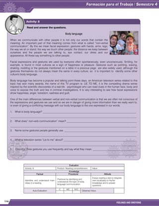 114
FEELINGS AND EMOTIONS
Evaluation
Activity: 8 Product: Reading comprehension. Value:
Knowledge
Factual Procedural Attitude
Identifies and understand main
ideas in a reading.
Practices by identifying and
understands the topic of body
language communication.
Enjoys reading a text to integrate
new vocabulary to his/her
knowledge and to answer
questions.
Auto-Evaluation
C MC NYC
Obtained Value:
Read and answer the questions.
Body language
When we communicate with other people it is not only our words that contain the
meaning. An important part of that meaning comes from what is called “non-verbal
communication”. By this we mean facial expression; gestures with hands, arms, legs;
the way we sit or stand; the way we touch other people; the distance we keep between
ourselves and the people we are talking to, eye contact; our dress and our
appearance. All these say something to other people.
Facial expressions and gestures are used by everyone often spontaneously, even unconsciously. Smiling, for
example, is found in most cultures as a sign of happiness or pleasure. Gestures such as pointing, waving,
shaking, nodding or the gestures mentioned on a table in a previous page are also widely used, although the
gestures themselves do not always mean the same in every culture, so it is important to identify some other
culture's body language.
Body language has become a popular and talking point these days, an American television series related to this
topic has won many awards, the name of this TV program is: LIE TO ME, it is the compelling drama series
inspired by the scientific discoveries of a real-life psychologist who can read clues in the human face, body and
voice to expose the truth and lies in criminal investigations. It is very interesting to see how facial expressions
show happiness, anger, boredom, sadness and guilt.
One of the main differences between verbal and non-verbal communication is that we are often not conscious of
the expressions and gestures we use and so we are in danger of giving more information than we really want to,
or even of giving a conflicting message with our body language to the one expressed in our words.
1. What is body language? ________________________________________________________________________
_________________________________________________________________________________________________
2. What does” non-verb communication” mean? ______________________________________________________
_________________________________________________________________________________________________
3. Name some gestures people generally use. ________________________________________________________
_________________________________________________________________________________________________
4. What is television series “Lie to me” about? ________________________________________________________
_________________________________________________________________________________________________
5. Describe three gestures you use frequently and say what they mean. __________________________________
_________________________________________________________________________________________________
Activity: 8
 