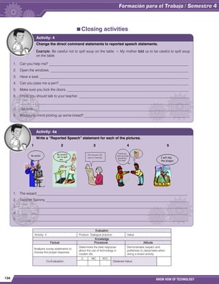 134 KNOW HOW OF TECHNOLOGY
Closing activities
Evaluation
Activity: 4 Product: Dialogue practice. Value:
Knowledge
Factual Procedural Attitude
Analyzes survey statements to
choose the proper response.
Determines the best response
about the use of technology in
modern life.
Demonstrates respect and
politeness to classmates when
doing a board activity.
Co-Evaluation
C MC NYC
Obtained Value:
Change the direct command statements to reported speech statements.
Example: Be careful not to spill soup on the table. = My mother told us to be careful to spill soup
on the table.
1. Can you help me? ______________________________________________________________________________
2. Open the windows. _____________________________________________________________________________
3. Have a seat. ___________________________________________________________________________________
4. Can you pass me a pen? ________________________________________________________________________
5. Make sure you lock the doors. ____________________________________________________________________
6. I think you should talk to your teacher. _____________________________________________________________
______________________________________________________________________________________________
7. Get lost! _______________________________________________________________________________________
8. Would you mind picking up some bread? ___________________________________________________________
Activity: 4
Write a “Reported Speech” statement for each of the pictures.
1 2 3 4 5
1. The wizard ____________________________________________________________________________________
2. Teacher Sammy _______________________________________________________________________________
3. ______________________________________________________________________________________________
4. ______________________________________________________________________________________________
5. ______________________________________________________________________________________________
Activity: 4a
 