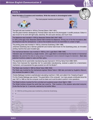 139
BLOCK 3
Read the table of inventors and inventions. Write the events in chronological order.
The most popular inventors and inventions
The light bulb was invented in 1879 by Thomas Edison (1847-1931).
The first great invention developed by Thomas Edison was the tin foil phonograph. A prolific producer, Edison is
also known for his work with light bulbs, electricity, film and audio devices, and much more.
The telephone was invented in 1876 by Alexander Graham Bell (1847-1922).
In 1876, at the age of 29, Alexander Graham Bell invented his telephone. Among one of his first innovations after
the telephone was the "photophone," a device that enabled sound to be transmitted on a beam of light.
The printing press was invented in 1450 by Johannes Gutenberg (1394-1468).
Johannes Gutenberg was a German goldsmith and inventor best known for the Gutenberg press, an innovative
printing machine that used movable type.
The mechanical television was invented in 1926 by John Logie Baird (1888-1946).
Television was not invented by a single inventor. John Logie Baird is remembered as the inventor of mechanical
television, he patented the idea of using arrays of transparent rods to transmit images for television. Baird also
patented inventions related to radar and fiber optics.
The assembly line for automobile manufacturing was improved in 1913 by Henry Ford (1863-1947).
Henry Ford improved the "assembly line" for automobile manufacturing, received a patent for a transmission
mechanism, and popularized the gas-powered car with the Model-T.
The Radio was invented in 1895 by Nikola Tesla (1856-1943)
The Radio was invented by the mechanical engineer Nikola Tesla in 1895 later promoted by Guglielmo Marconi,
who received the patent in 1904.
Charles Babbage invented a sophisticated calculating machine in 1840, and called it the “Analytical Engine”
For this Charles Babbage was named “The great-father of the computer”, but many people contributed since the
year 1937 to 1985 so that the computer could be faster and could be able to perform more operations.
The Wright brothers invented the first controlled and sustained power-driven flight in 1903.
The Wright brothers showed the world that man could fly. Their invention of the airplane astounded everyone.
Orville flew the flyer for 12 seconds, watched by his brother Wilbur.
1. In 1450 the printing press was invented by Johannes Gutenberg.
2. In ____________________________________________________________________________________________
3. ______________________________________________________________________________________________
4. ______________________________________________________________________________________________
5. ______________________________________________________________________________________________
6. ______________________________________________________________________________________________
7. ______________________________________________________________________________________________
8. ______________________________________________________________________________________________
Activity: 4
 