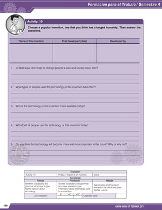 150 KNOW HOW OF TECHNOLOGY
Evaluation
Activity: 10 Product: Report of an invention. Value:
Knowledge
Factual Procedural Attitude
Identifies vocabulary and
grammar structures to give
his/her opinion about
technology.
Applies vocabulary and grammar
structures studied to give
information about technology used
in an invention.
Appreciates what has been
learned in the block and gives
his/her opinion.
Co-Evaluation
C MC NYC
Obtained Value:
Choose a popular invention, one that you think has changed humanity. Then answer the
questions.
Name of the invention First developed (date) Developed by
1. In what ways did it help to change people‟s lives and society back then?
_________________________________________________________________________________________________
_________________________________________________________________________________________________
_________________________________________________________________________________________________
2. What types of people used the technology or this invention back then?
_________________________________________________________________________________________________
_________________________________________________________________________________________________
_________________________________________________________________________________________________
3. Why is the technology or this invention more available today?
_________________________________________________________________________________________________
_________________________________________________________________________________________________
_________________________________________________________________________________________________
4. Why don‟t all people use the technology or this invention today?
_________________________________________________________________________________________________
_________________________________________________________________________________________________
_________________________________________________________________________________________________
5. Do you think this technology will become more and more important in the future? Why or why not?
_________________________________________________________________________________________________
_________________________________________________________________________________________________
_________________________________________________________________________________________________
Activity: 10
 