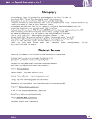 151
BLOCK 3
Bibliography
Allan and Barbara Pease, “The definitive Book of Body Language”, Orion Book Company. UK.
Aaron Jane E. 2006. “The Little Brown Essential Handbook”. Pearson Longman.
Buckley James Jr. and Stremme Roberts. 2006. “Book of Lists”. Scholastic. U.S.A.
Colegio de Bachilleres del Estado de Sonora. 2007. “Taller de Comprension de Textos” Dirección Académica de
Colegio de Bachilleres de Estado de Sonora. Hermosillo, Sonora.
Kirszner Laurie G and Mandel I. 1989. “The Holt Handbook”. Holt Rinehart Winston Incorporated. Orlando FL.
Kursweil Ray. “Singularity is here” (about nanobots). 2005. Viking Press.
Kealey James and Inness Donna. 2002. “Interactive ESL/EFL Activities and games” Pro Lingua-Associates. USA.
North American Council for Humanism (NACH). “Human Values” Copyright © 2000-2009.
Nist Sherrie and Diehl William. 2003. “The Reader‟s Corner” Houghton Mifflin Co. Boston MA.
Page Jack. 2001.”Check Point”. Addison-Wesley Educational Publishers Inc. USA.
Richards Jack C. 1999. “New Interchange Teacher‟s Edition 2” Cambridge University Press. U.S.A.
Richard Jack C. 1999. “New Interchange Teacher‟s Edition 3” Cambridge University Press. U.S.A.
Thoburn Tina. 1982. “Macmillan English”. Macmillan Publishing Co. Inc. New York.
Thrush Emily, Blass Laurie, Baldwin Robert. 2002. “Interactions Access Listening/Speaking”. McGraw-
Hill/Contemporaries. New York, New NY.
Electronic Sources
Detect a lie: http://www.youtube.com/watch?v=tW8KYtvAsrw&NR=1&feature=fvwp
Readings: http://www.ego4u.com/en/read-on/literature/canterville-
ghost?param=part6&mark=directspeech,reportedspeech
In a Restaurant: http://www.ego4u.com/en/read-on/literature/canterville-
ghost?param=part6&mark=directspeech,reportedspeech
Nutrition: Mom budget.com
Places in Sonora : http://www.gotosonora.com/
Reading: Places in Sonora : http://www.gotosonora.com/
Ecology: http://kids.nationalgeographic.com/kids/animals/
Green World: http://www.suite101.com/content/whats-new-in-the-green-world-a19651
Biographies: Famous People Lessons.com
Art and Pictures: om personal multimedia English.com
Mobile Phones: silicon.com/technology/mobile
Surveys: read. write. think. Materials.com
Computers: Breaking News English article
 