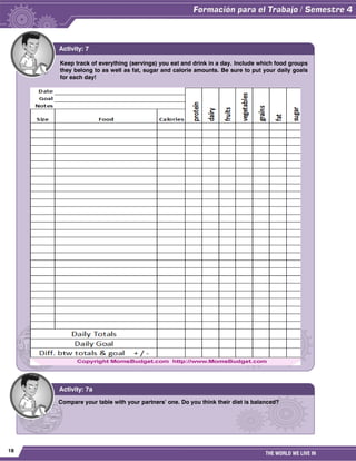 18
THE WORLD WE LIVE IN
Keep track of everything (servings) you eat and drink in a day. Include which food groups
they belong to as well as fat, sugar and calorie amounts. Be sure to put your daily goals
for each day!
Activity: 7
Compare your table with your partners’ one. Do you think their diet is balanced?
Activity: 7a
 